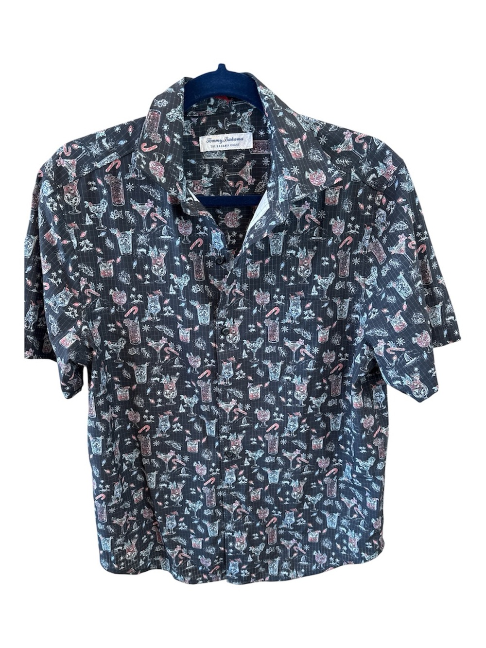 Tommy Bahama Black and Pink Holiday Drink Themed Short-Sleeve Printed Camp Shirt